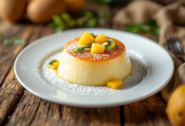 Flan di riso decorato con kiwi gialli e mini kiwi