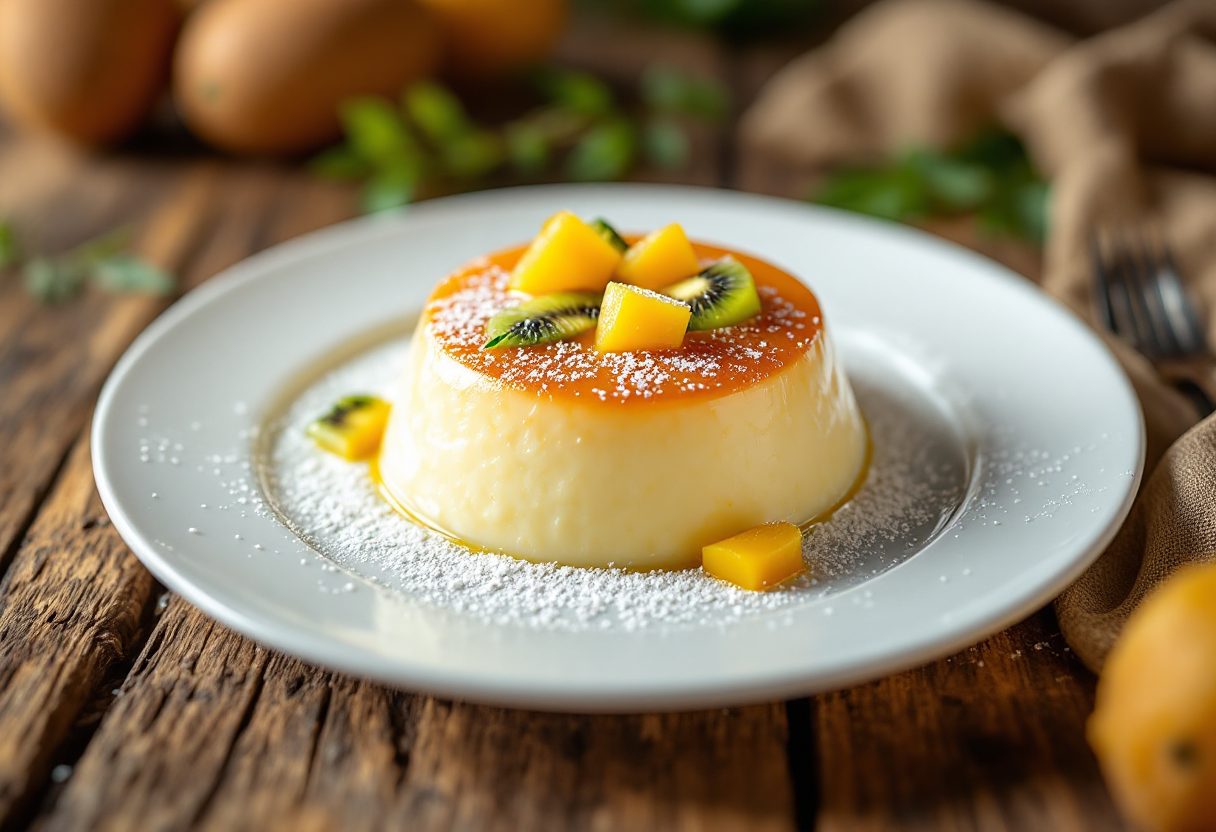 Flan di riso decorato con kiwi gialli e mini kiwi