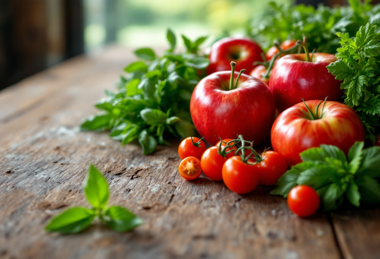 Varietà di frutta e verdura fresche su un tavolo