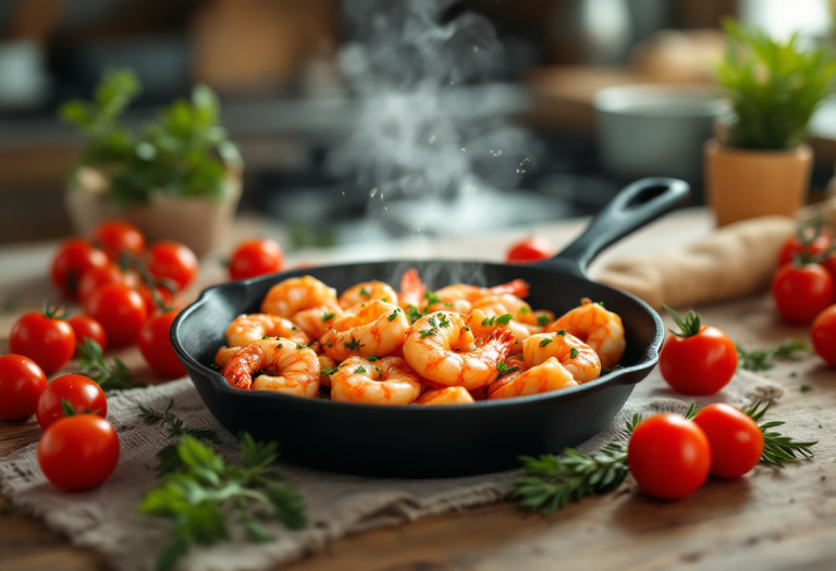 Gamberoni cucinati in padella con pomodorini estivi