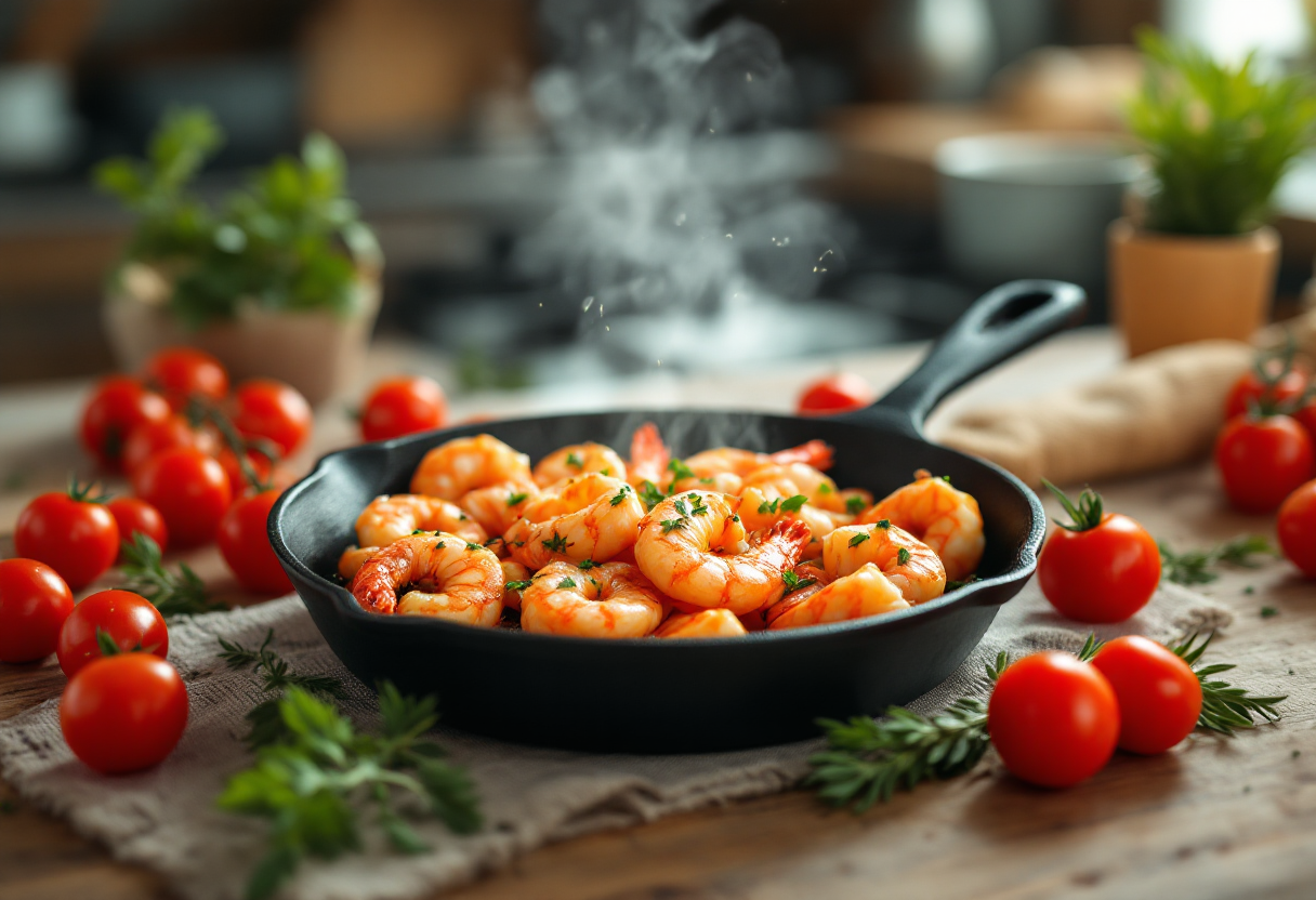 Gamberoni cucinati in padella con pomodorini estivi