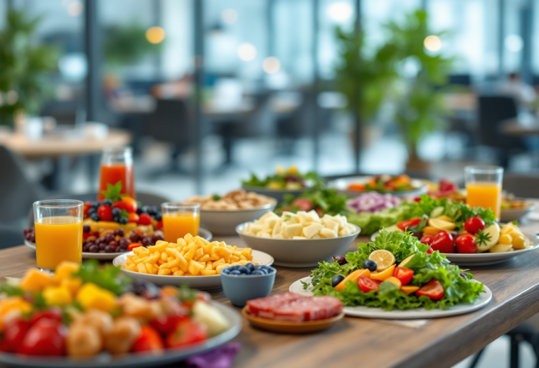 Pranzo sano in ufficio con insalate e frutta fresca