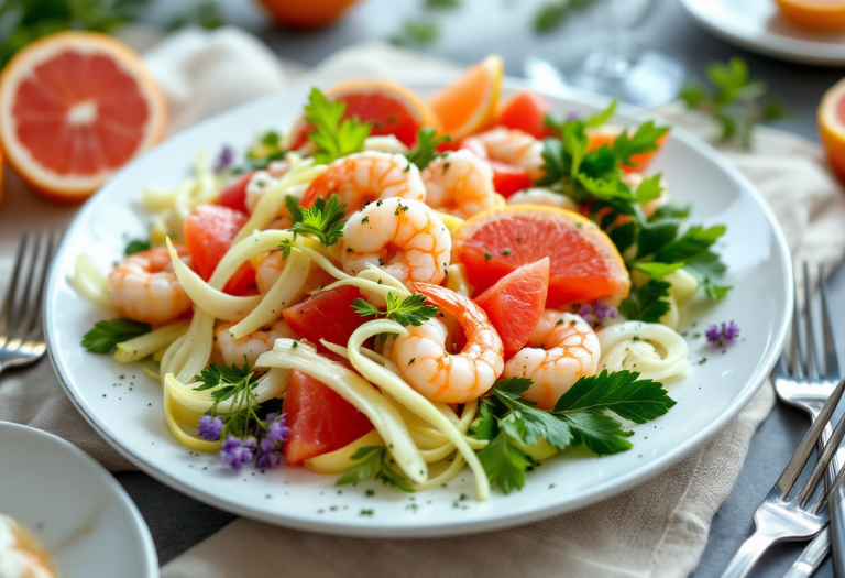 Antipasto fresco di gamberoni, pompelmo rosa e finocchi