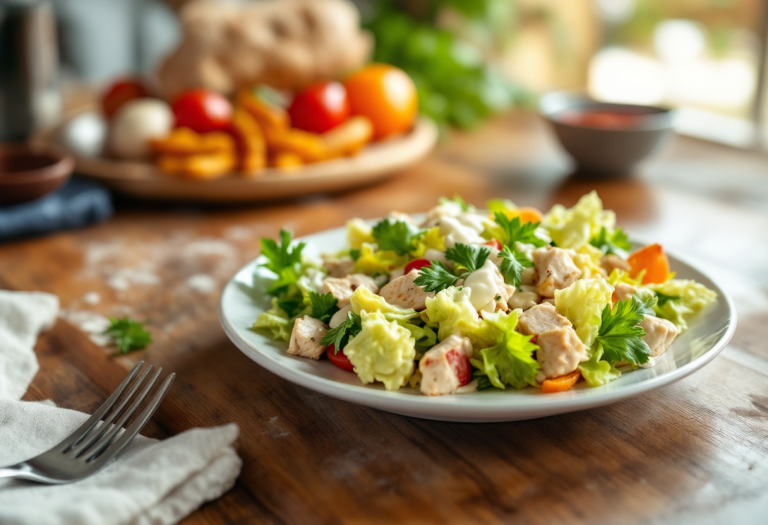 Insalata di pollo con maionese servita in un piatto