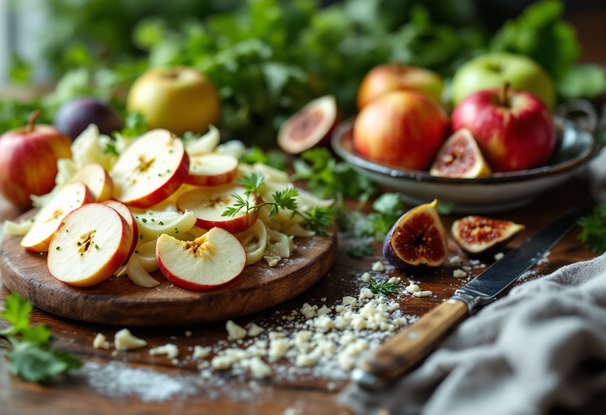 Insalata di finocchi, mele, tomino e fichi secchi