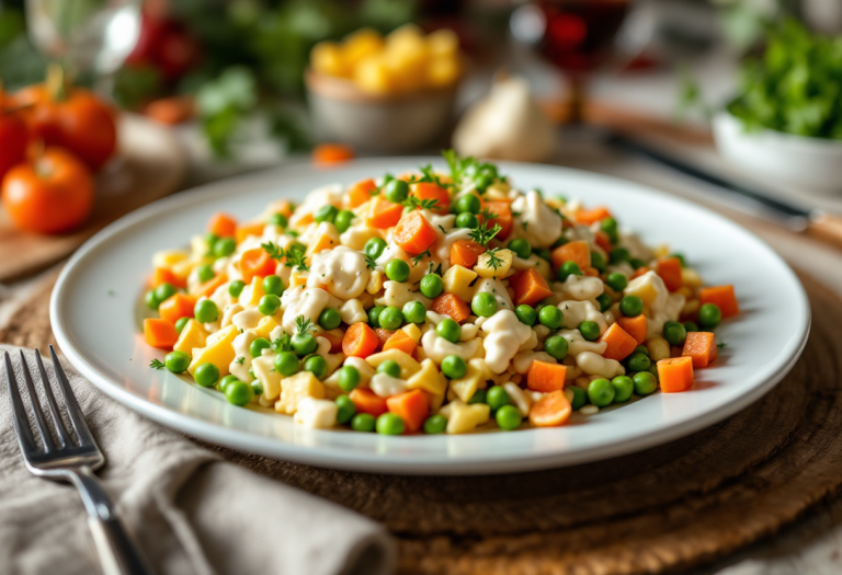 Insalata russa con verdure e maionese in un piatto