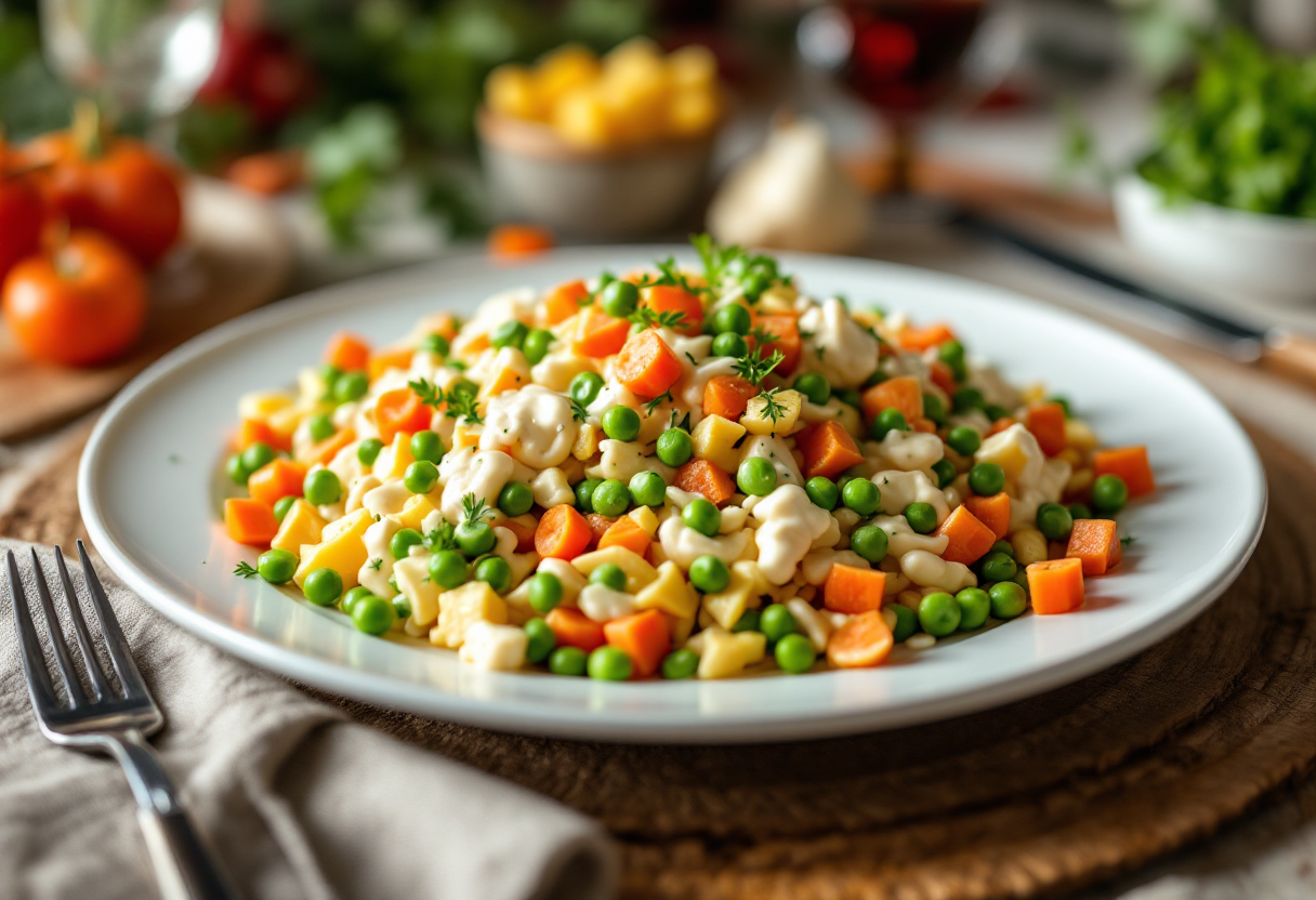 Insalata russa con verdure e maionese in un piatto