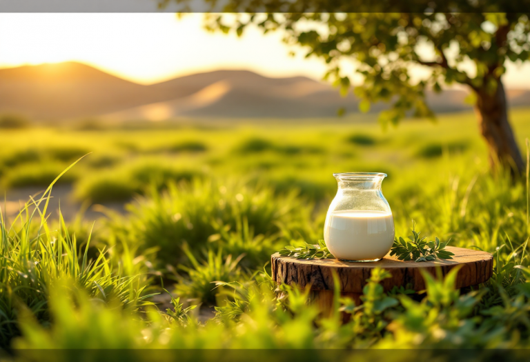 Latte di cammella in un bicchiere con ingredienti naturali