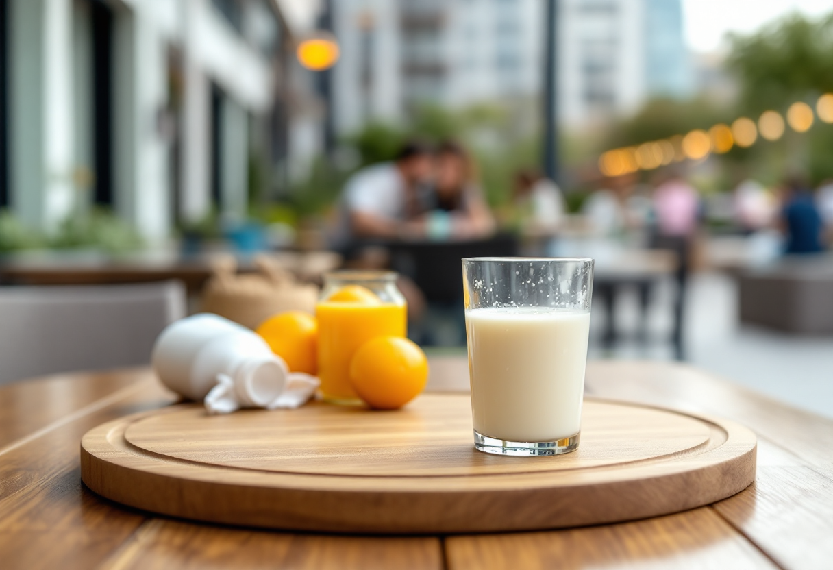 Immagine di latte di piselli in un bicchiere con piselli freschi