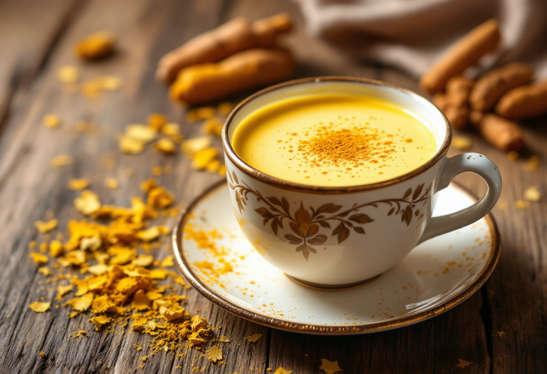 Tazza di latte dorato con spezie per la salute