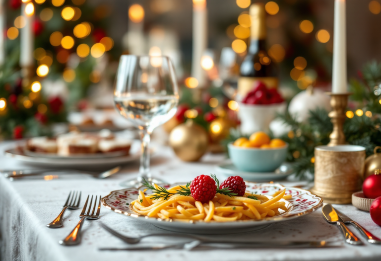 Pranzo di Natale con piatti gourmet e decorazioni festive