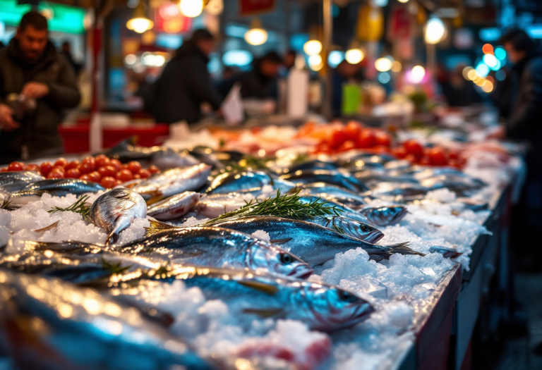 Banco di pesce fresco al mercato di Milano