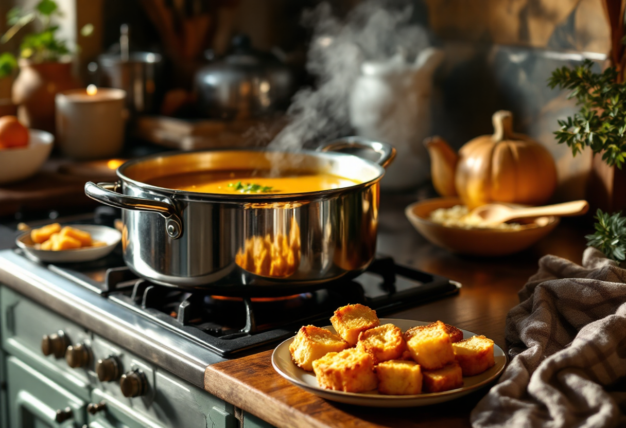 Minestra calda di zucca e porro servita in una ciotola