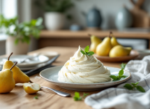 Mousse di ricotta e pere servita in un elegante bicchiere