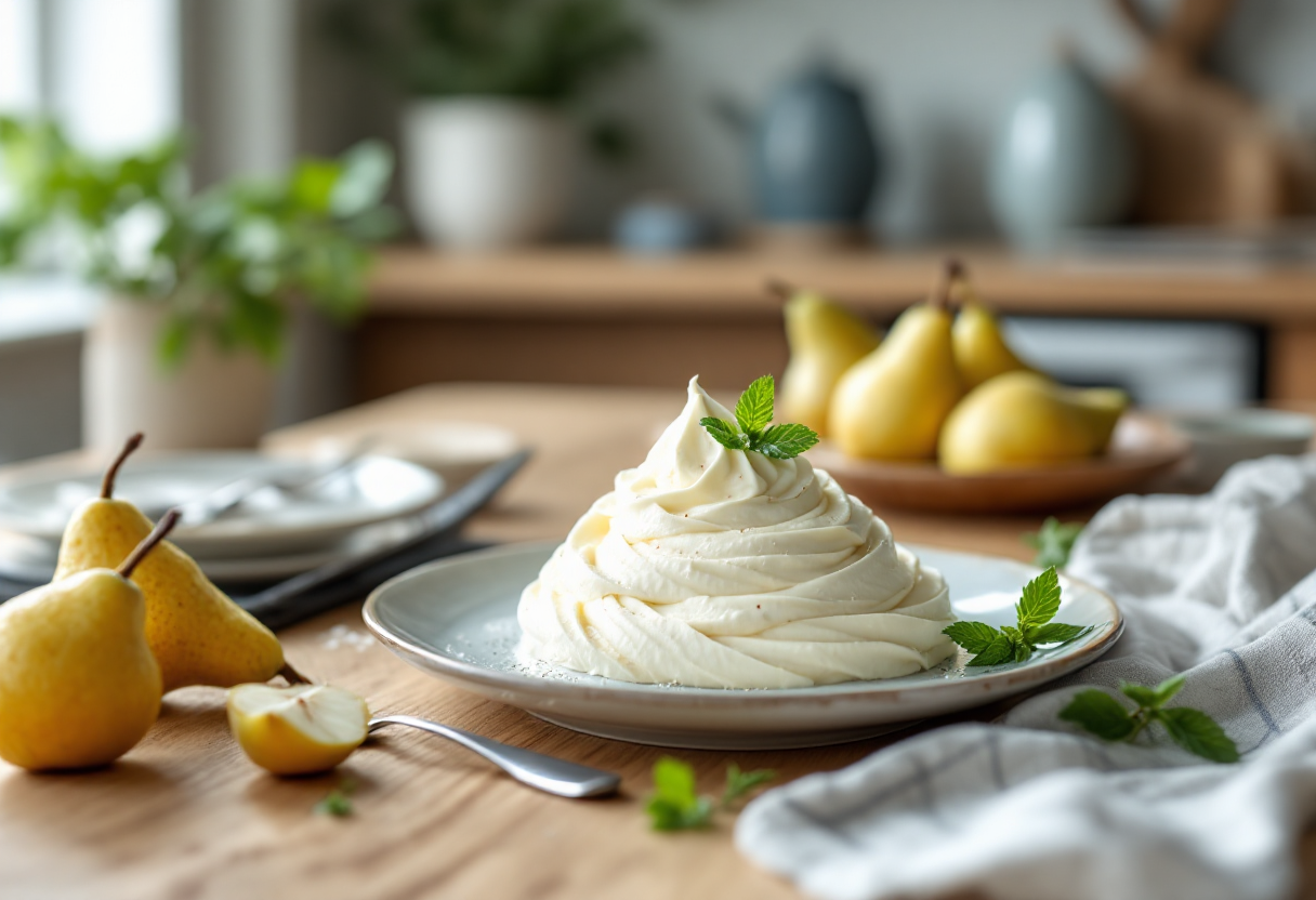 Mousse di ricotta e pere servita in un elegante bicchiere