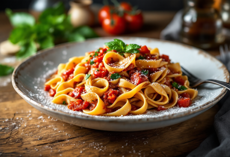 Pappardelle al ragù servite in un piatto tradizionale