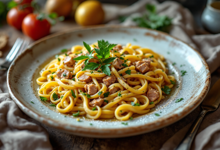 Pasta al tonno servita in un piatto bianco con prezzemolo