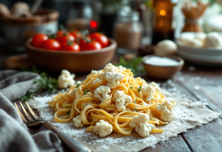 Pasta con cavolfiore e pomodoro servita in un piatto