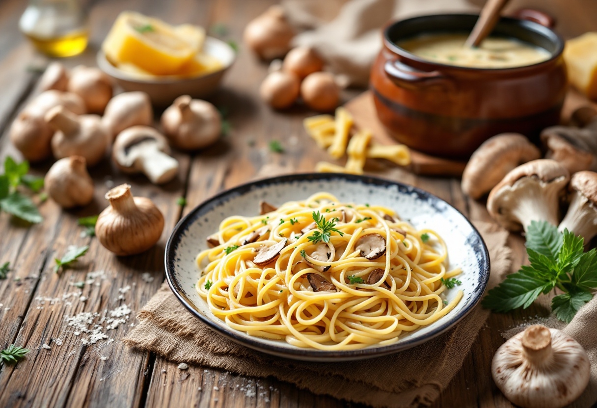 Pasta con ragù bianco e funghi porcini in un piatto elegante