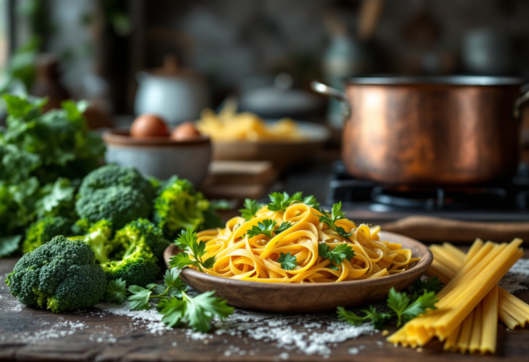 Pasta e broccoli serviti in brodo d'arzilla tradizionale