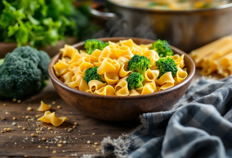 Pasta e broccoli serviti in brodo d'arzilla tradizionale