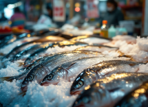 Pescivendola sorridente con pesce fresco e rispetto animali