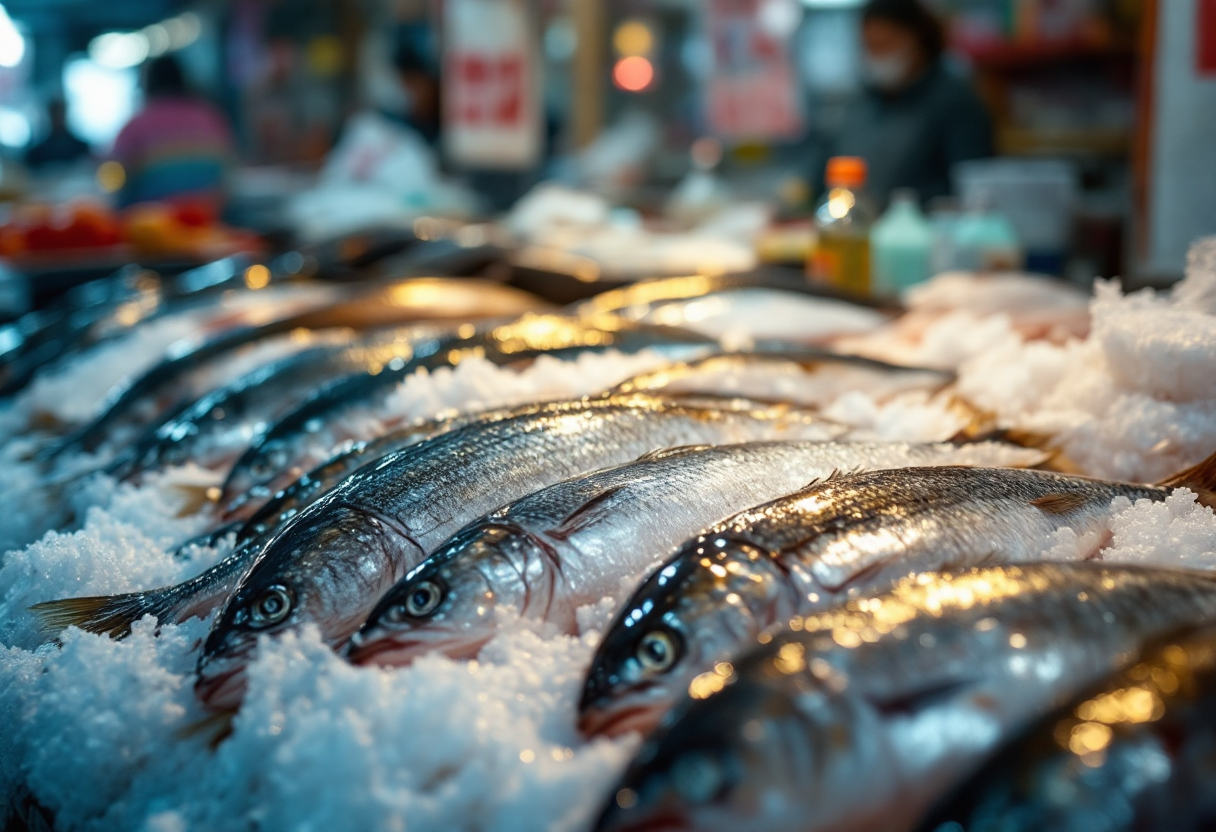 Pescivendola sorridente con pesce fresco e rispetto animali