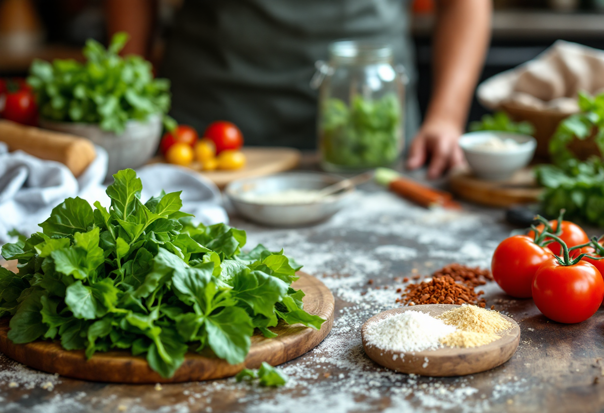 Pizza di scarola con verdure fresche e olio d'oliva