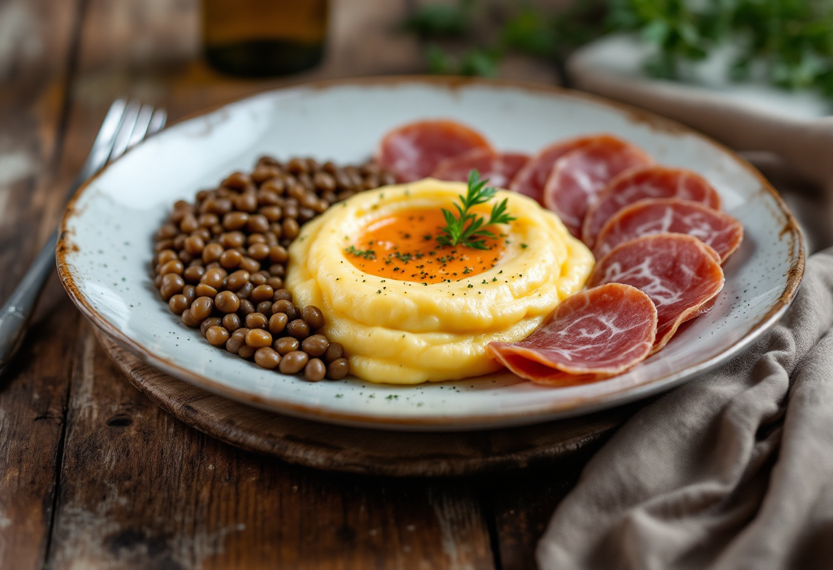 Antipasto elegante di polenta e lenticchie con mortadella