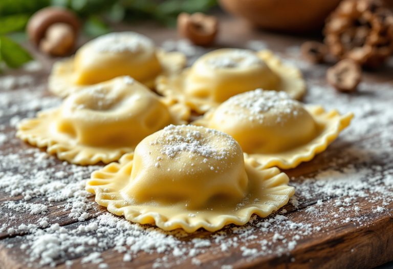 Ravioli ripieni di funghi porcini su un piatto