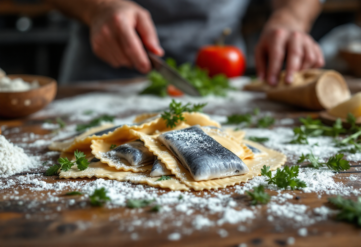 Ravioli di pesce serviti con salsa gourmet