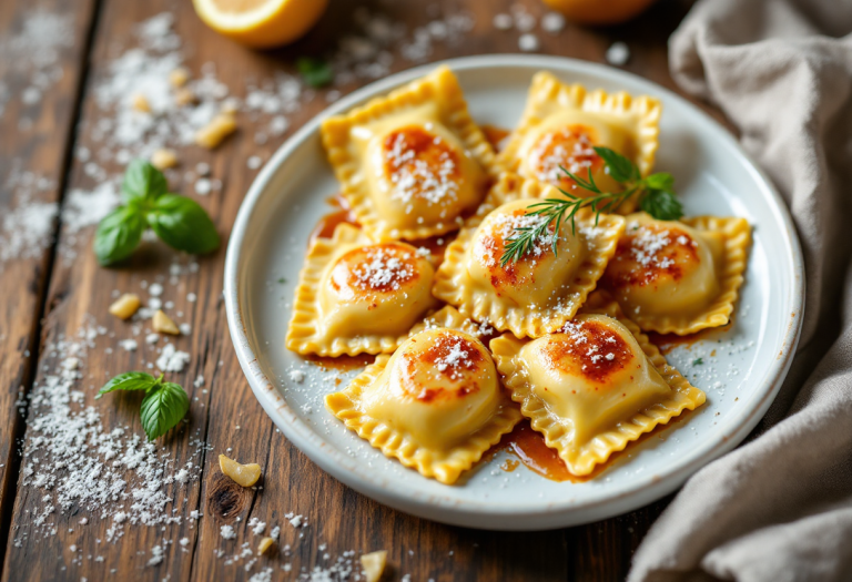 Ravioli piastrati con catalogna piccante e pera