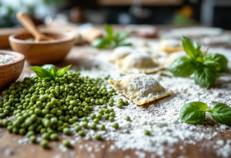 Ravioli ripieni di lenticchie serviti con salsa