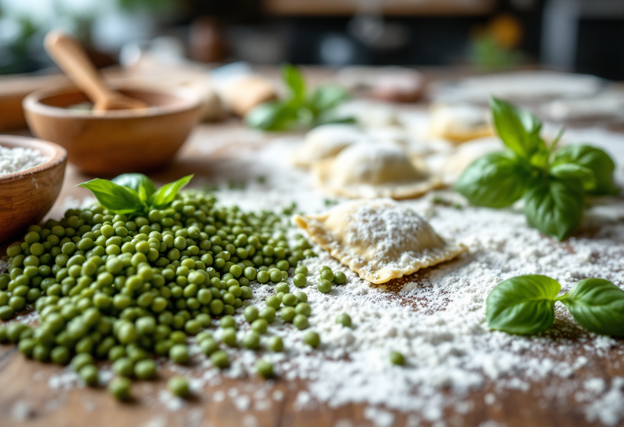 Ravioli ripieni di lenticchie serviti con salsa