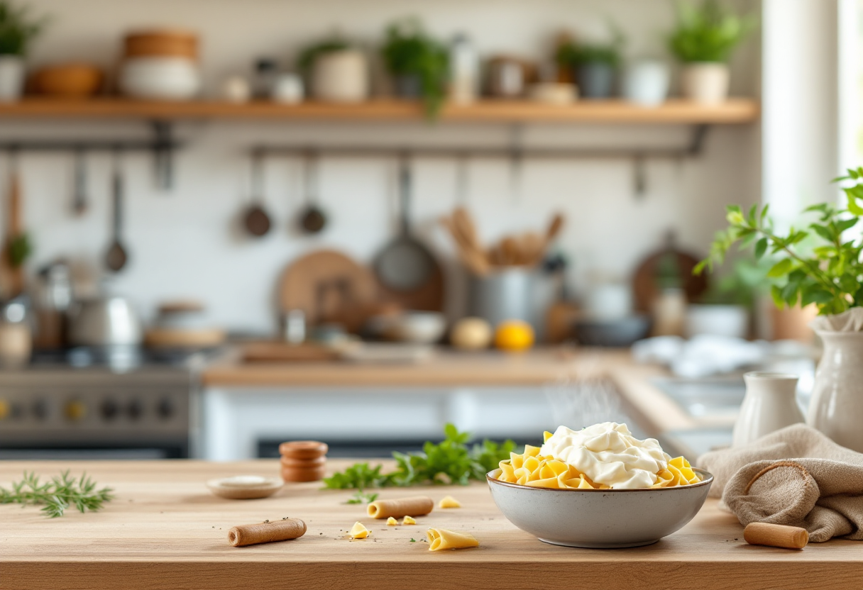 Pasta con ricotta e ingredienti freschi in un piatto