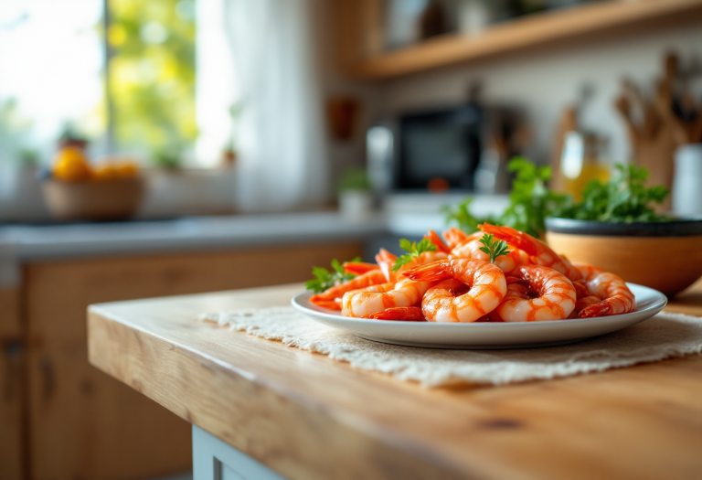 Piatto gourmet di gamberi con contorni freschi