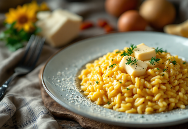 Piatto di risotto allo zafferano con fonduta di gorgonzola