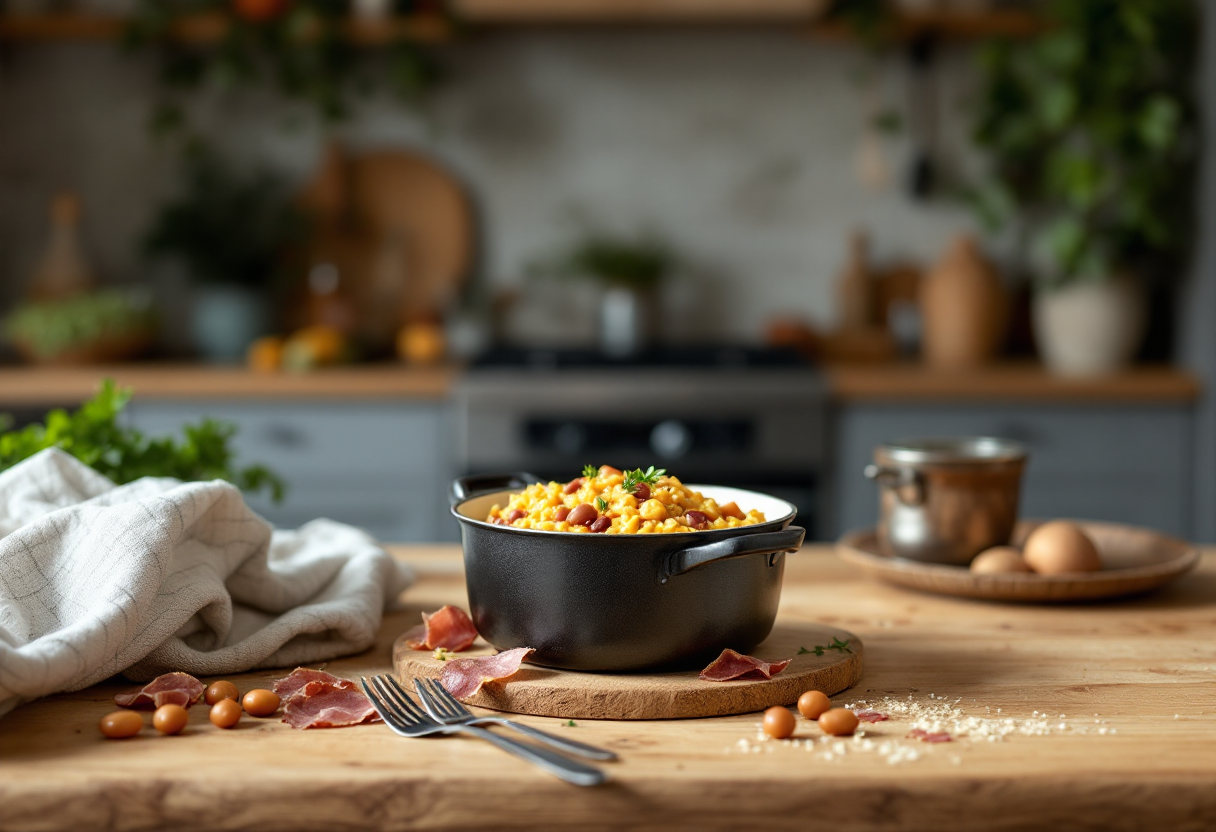 Risotto cremoso con zucca, fagioli e prosciutto crudo