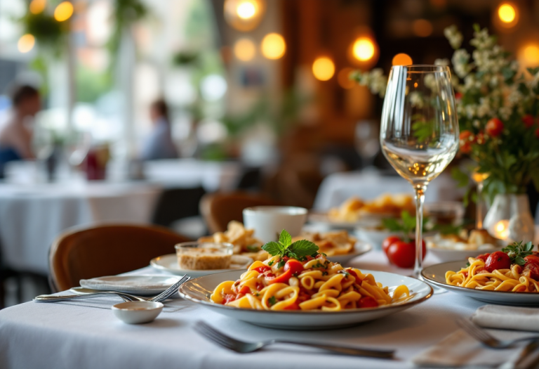 Un piatto di pasta tipica italiana servito in un ristorante all'estero