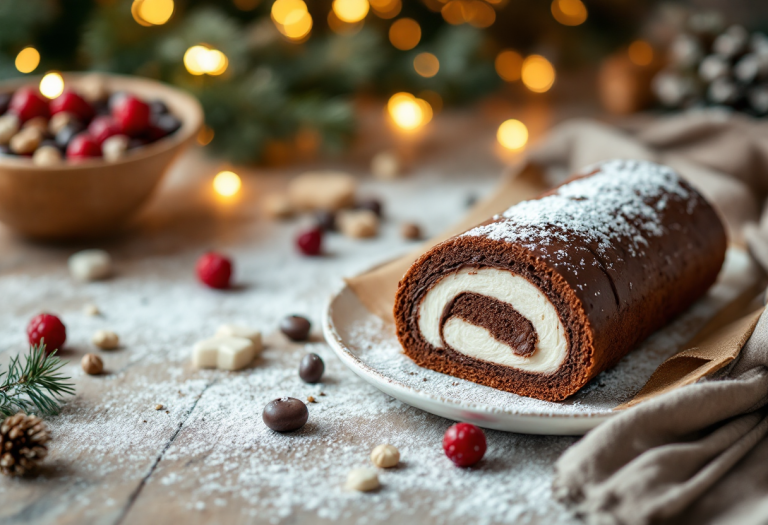 Delizioso rotolo di cacao con crema al cioccolato e noci