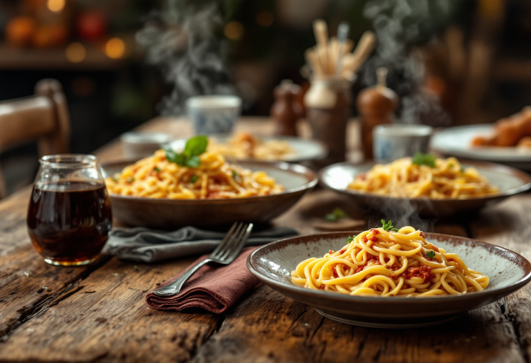 Persone che condividono una spaghettata in un ambiente conviviale