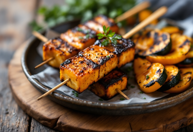 Spiedini di tofu affumicato con zucca grigliata