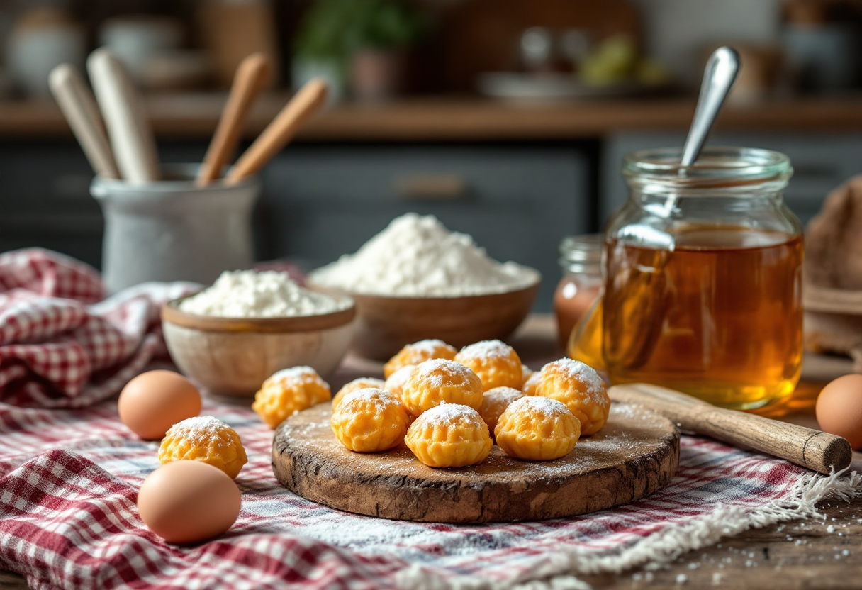 Struffoli napoletani decorati con miele e confetti