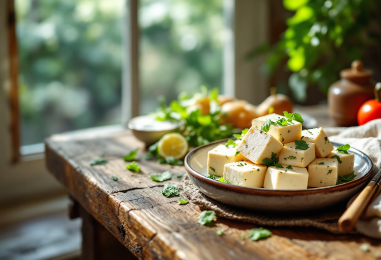 Tofu fresco su un tagliere con verdure colorate