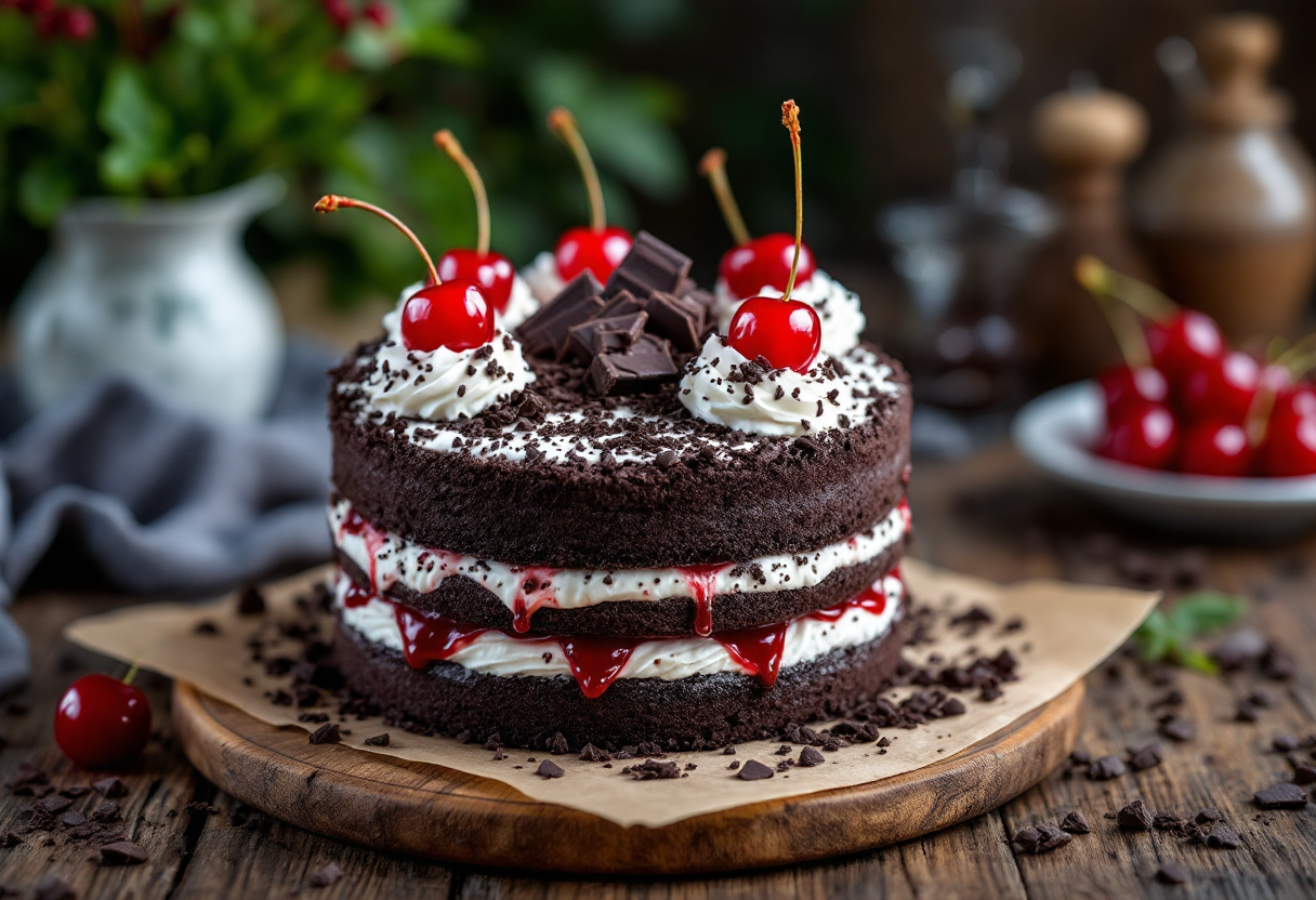 Torta Foresta Nera e Rosa decorata con cioccolato e frutti