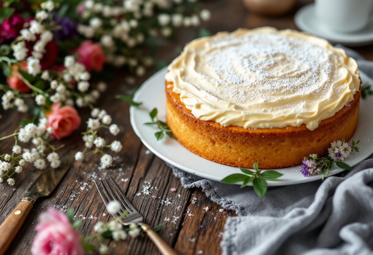 Torta Paradiso decorata con zucchero a velo e frutta