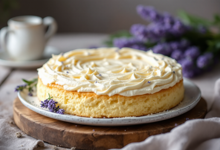 Torta alla lavanda decorata con fiori freschi