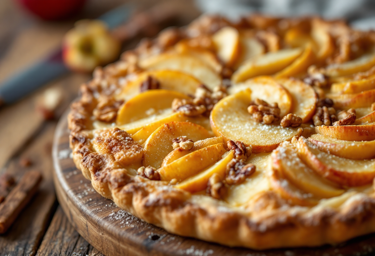 Torta di mele con noci su un piatto decorativo