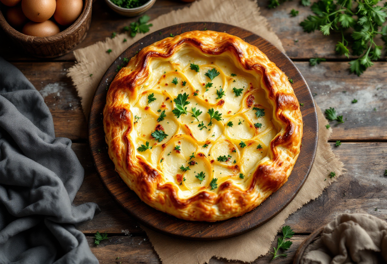 Torta di patate e porri appena sfornata su un piatto