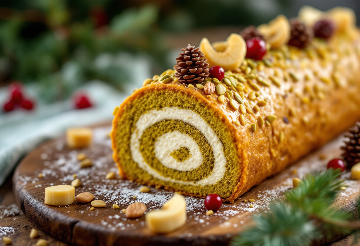 Tronchetto di Natale decorato con pistacchi